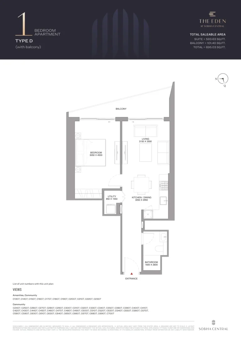 Eden at Sobha Central floor plan 1 BR · 593 sqft