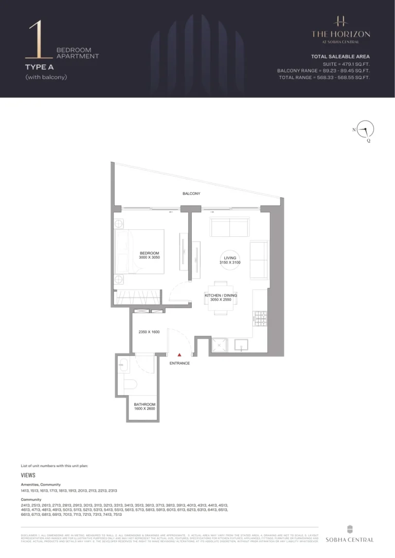 Horizon at Sobha Central floor plan 1 BR · 479 sqft