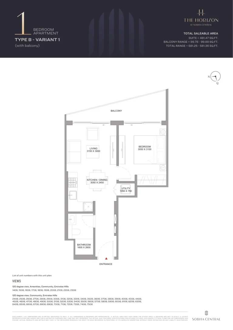 Horizon at Sobha Central floor plan 1 BR · 481 sqft