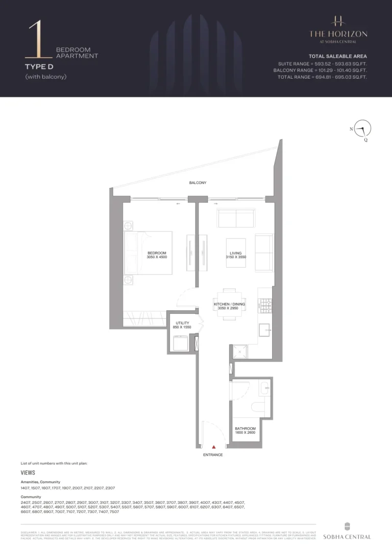 Horizon at Sobha Central floor plan 1 BR · 593 sqft