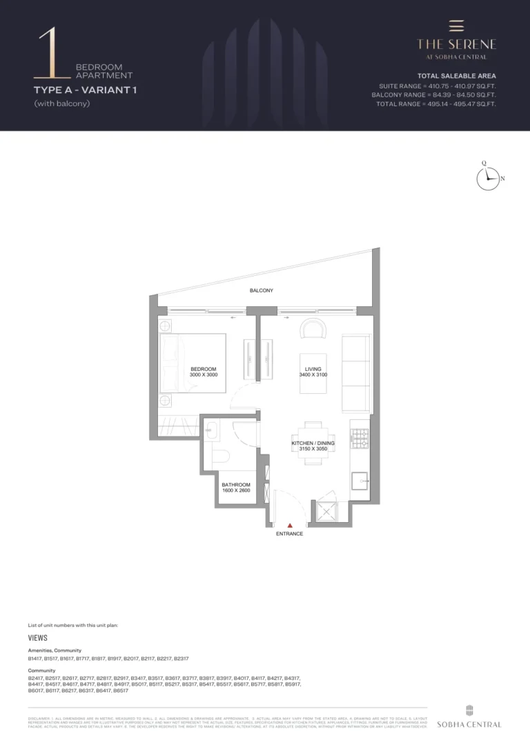 Serene at Sobha Central floor plan 1-спальн. · 495 sqft