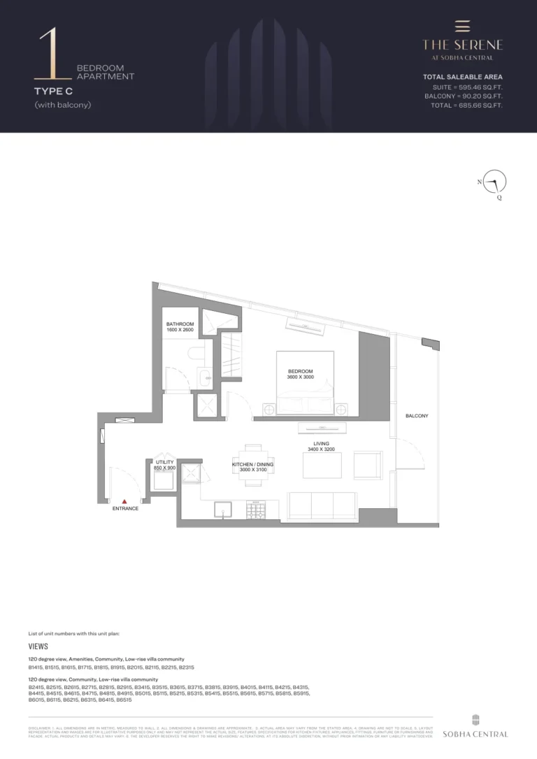 Serene at Sobha Central floor plan 1-спальн. · 685 sqft