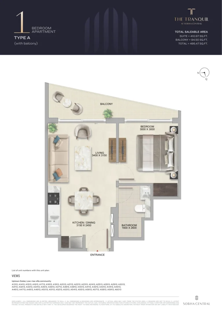 Tranquil at Sobha Central floor plan 1 BR · 495 sqft