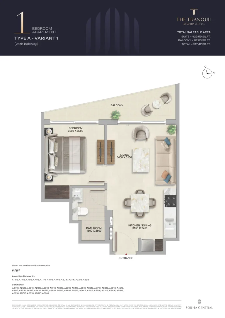 Tranquil at Sobha Central floor plan 1 BR · 517 sqft