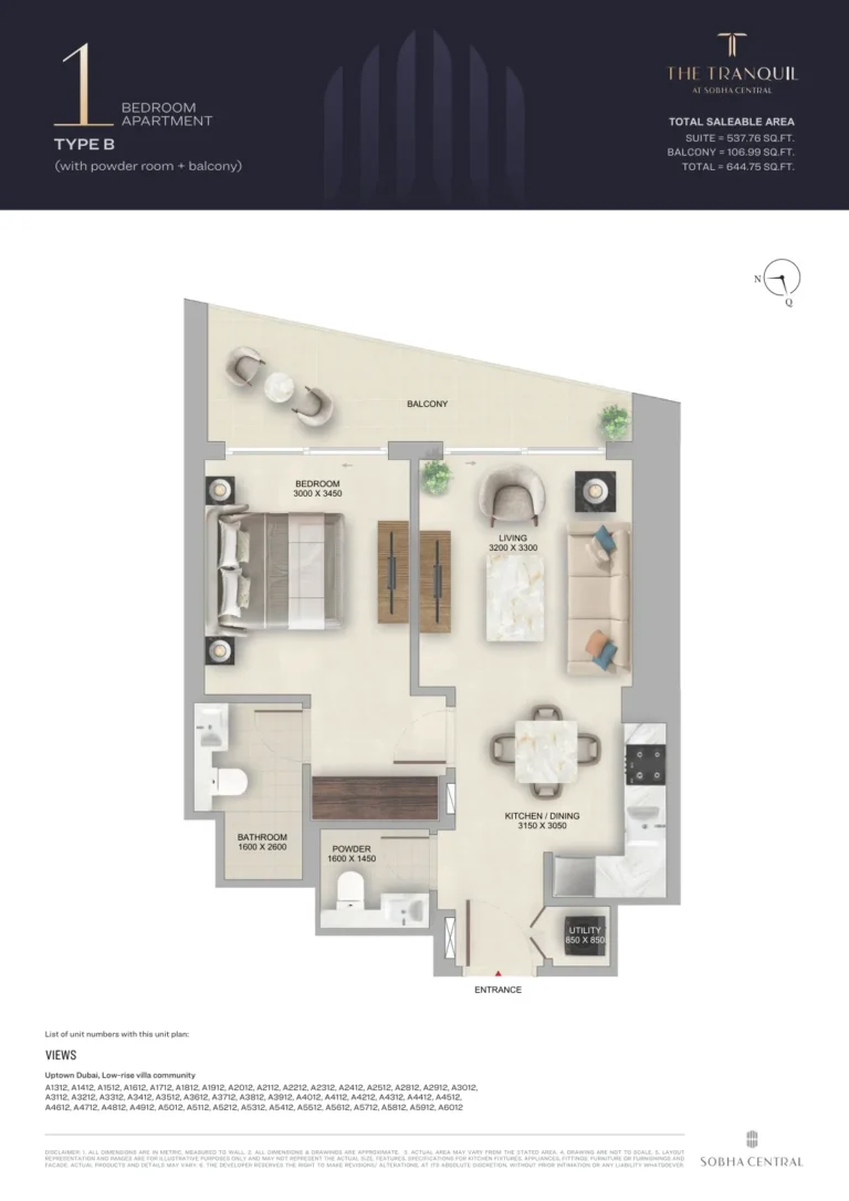 Tranquil at Sobha Central floor plan 1 BR · 644 sqft