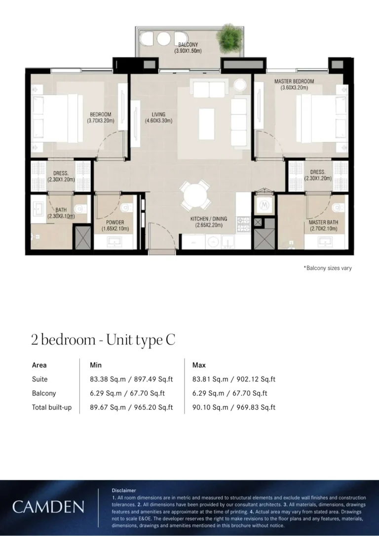 Camden floor plan 2-спальн. · 897 sqft