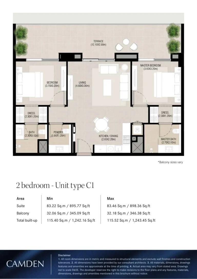Camden floor plan 2-спальн. · 895 sqft