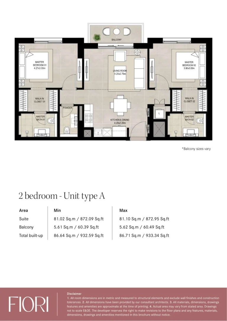 Fiori Town Square floor plan 2-спальн. · 932 sqft