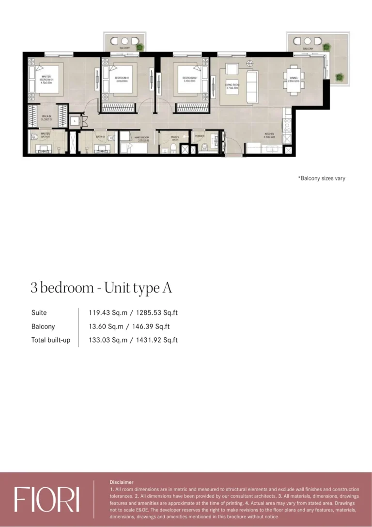 Fiori Town Square floor plan 3-спальн. · 1431 sqft