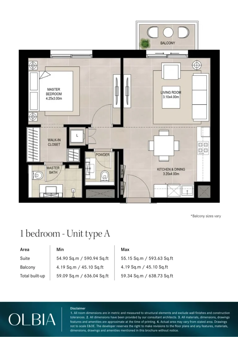 Olbia Town Square floor plan 1 BR · 636 sqft