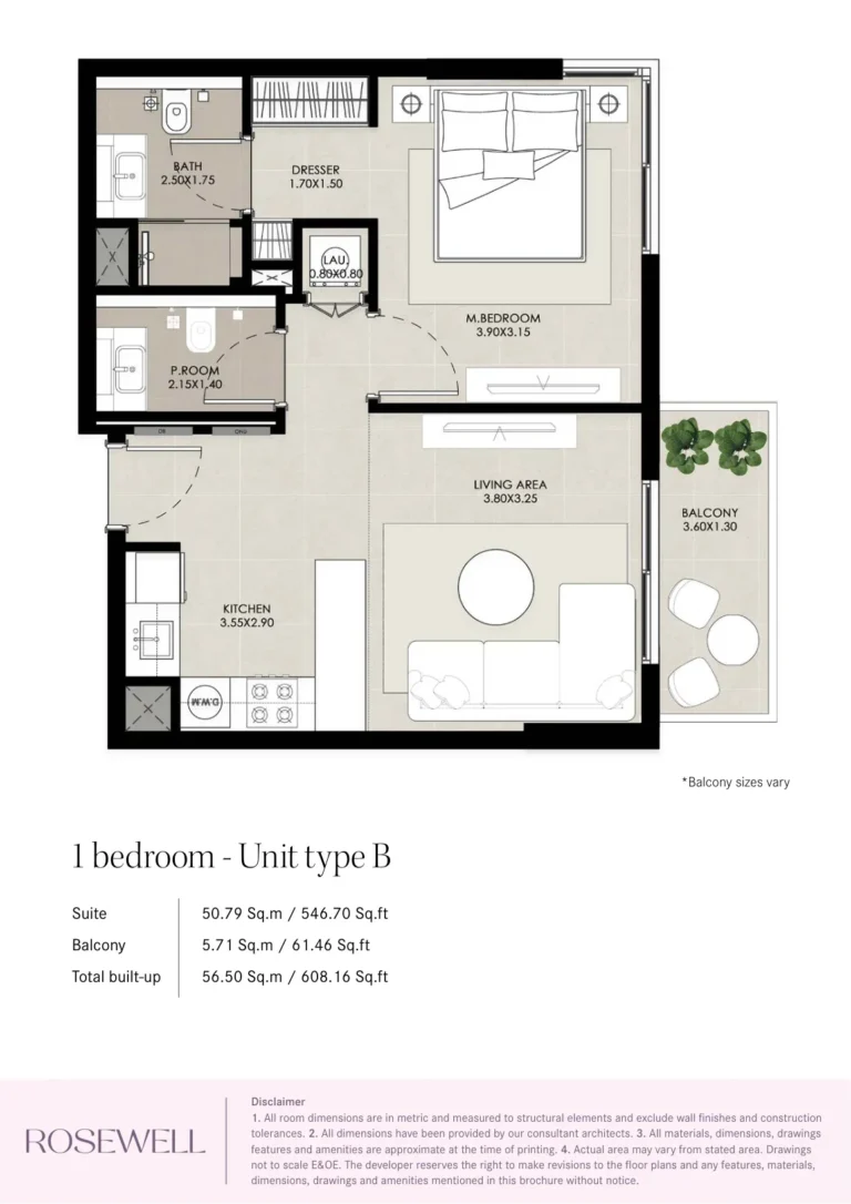 Rosewell floor plan 1-спальн. · 546 sqft
