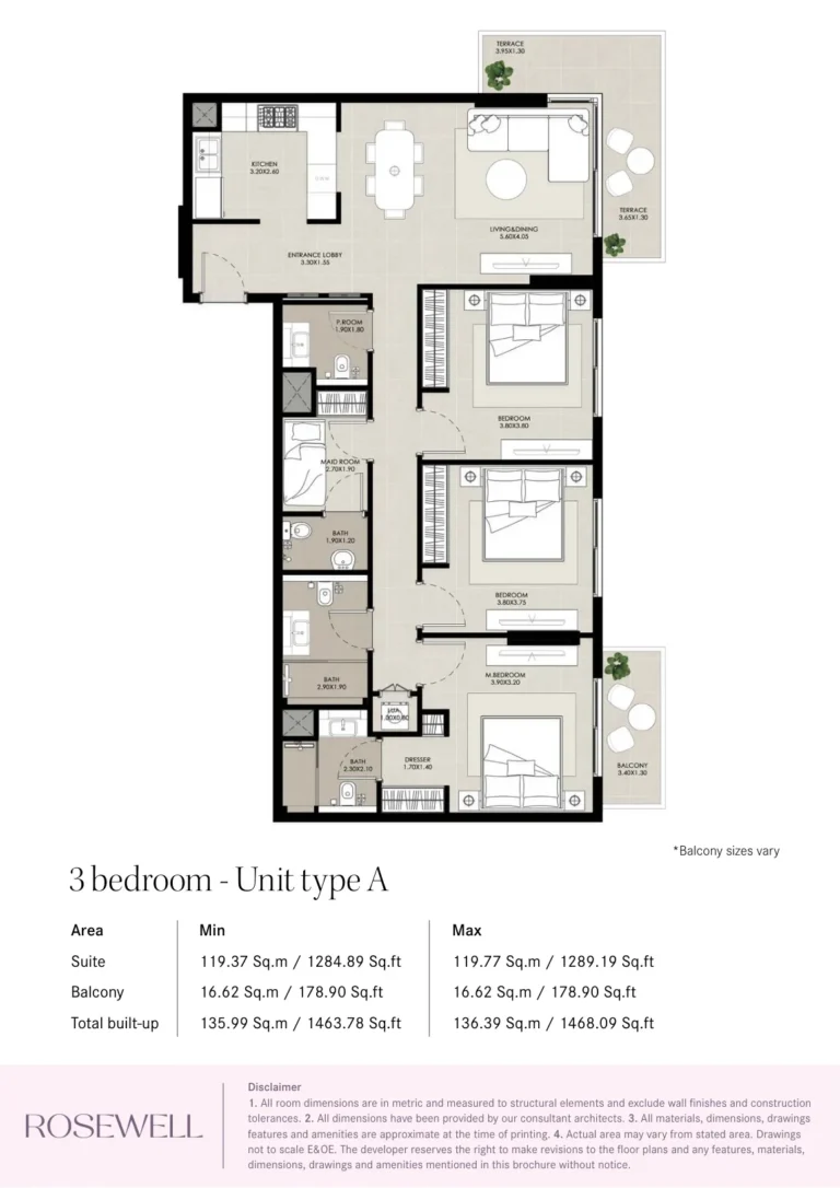 Rosewell floor plan 3-спальн. · 1284 sqft