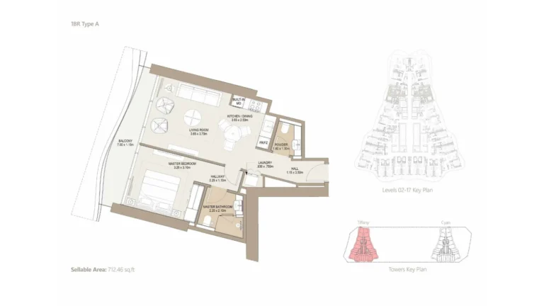 Laguna Residence floor plan 1-спальн. · 712 sqft