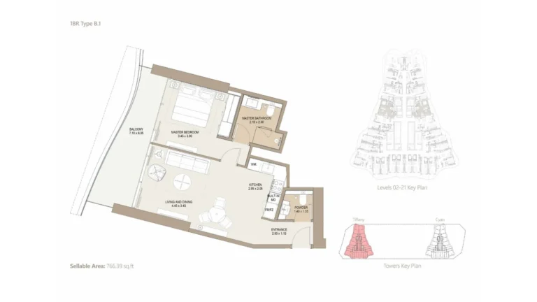 Laguna Residence floor plan 1-спальн. · 766 sqft