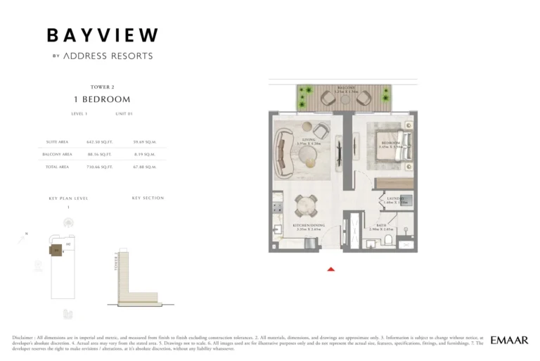 Address Bayview floor plan 1-спальн. · 730 sqft
