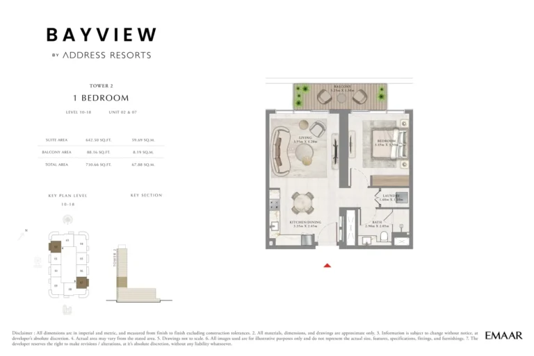 Address Bayview floor plan 1-спальн. · 730 sqft