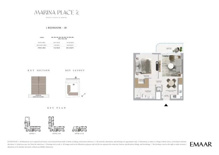 Marina Place 2 floor plan 1 BR · 801 sqft