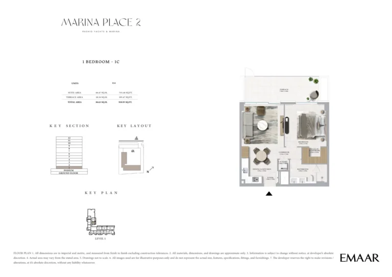 Marina Place 2 floor plan 1 BR · 910 sqft
