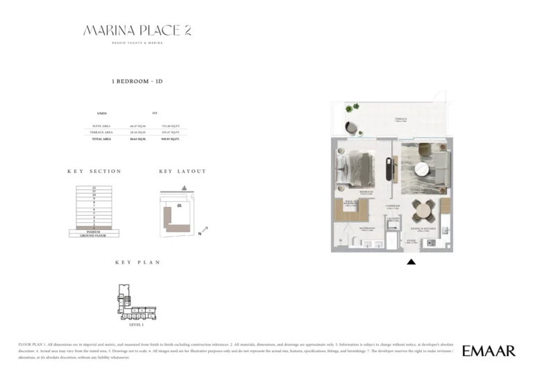 Marina Place 2 floor plan 1 BR · 910 sqft