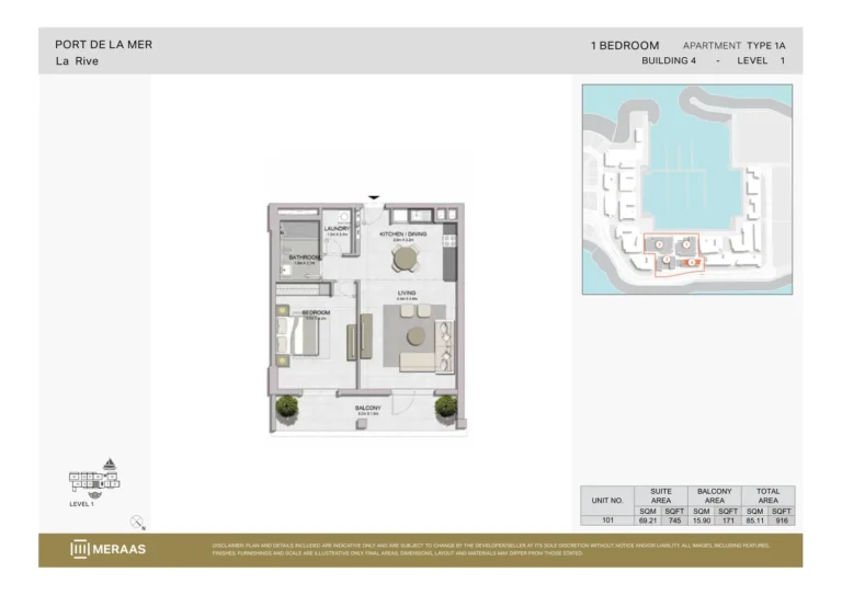 La Rive Building 4 floor plan 1-спальн. · 916 sqft