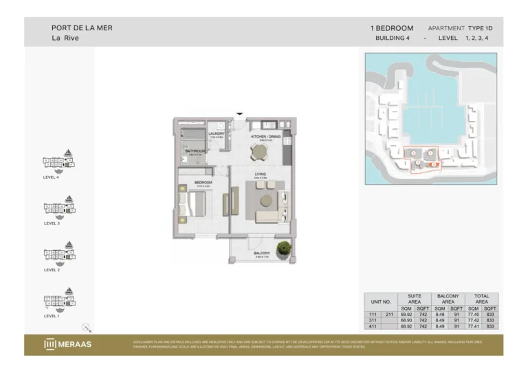 La Rive Building 4 floor plan 1-спальн. · 833 sqft