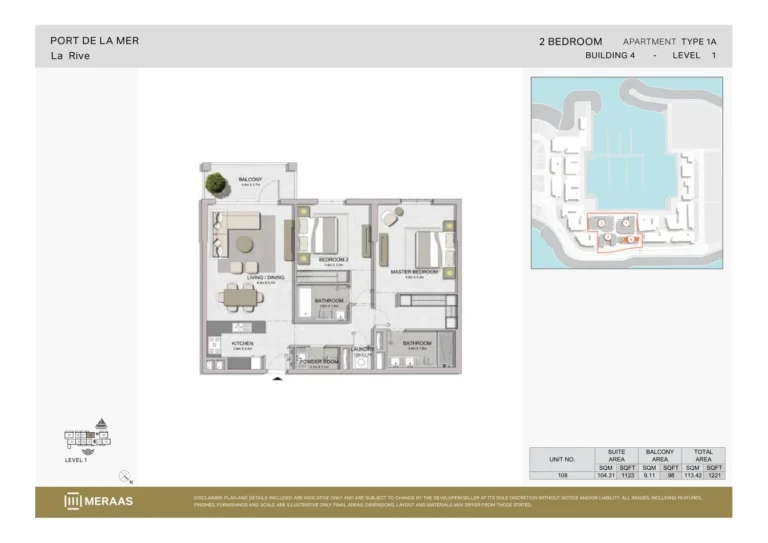 La Rive Building 4 floor plan 2-спальн. · 1221 sqft