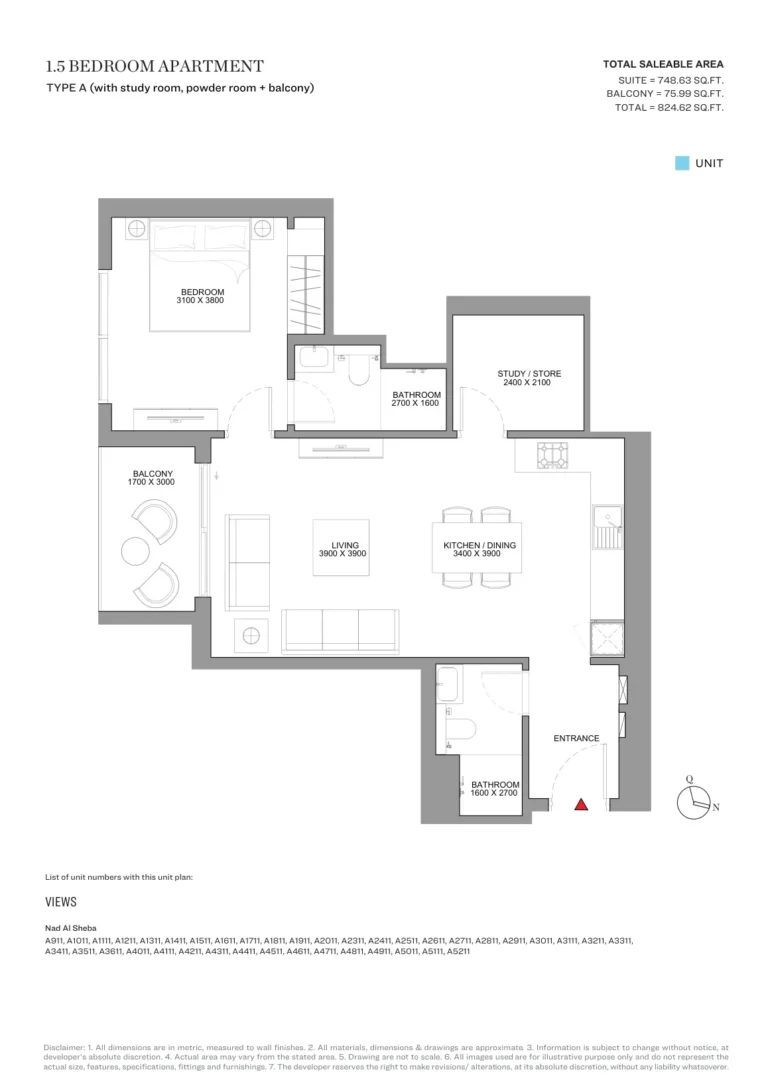 Skyscape Altius floor plan 1 BR · 824 sqft
