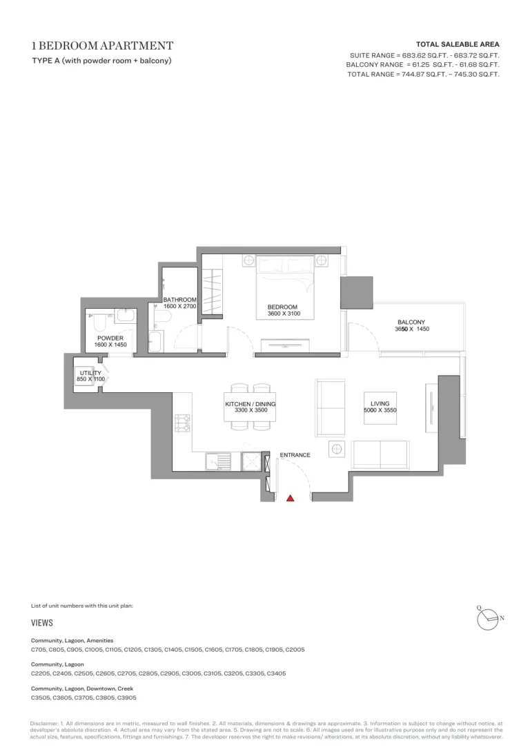 Skyscape Aura floor plan 1 BR · 744 sqft