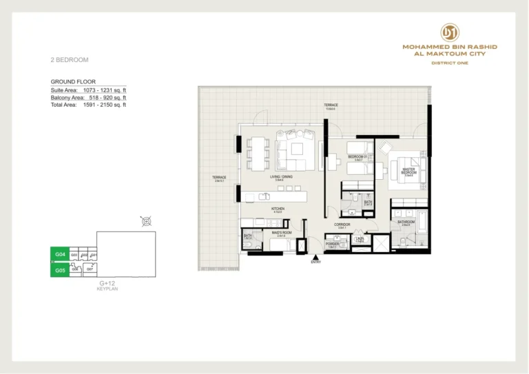 District One Residences 14 floor plan 2-спальн. · 1591 sqft