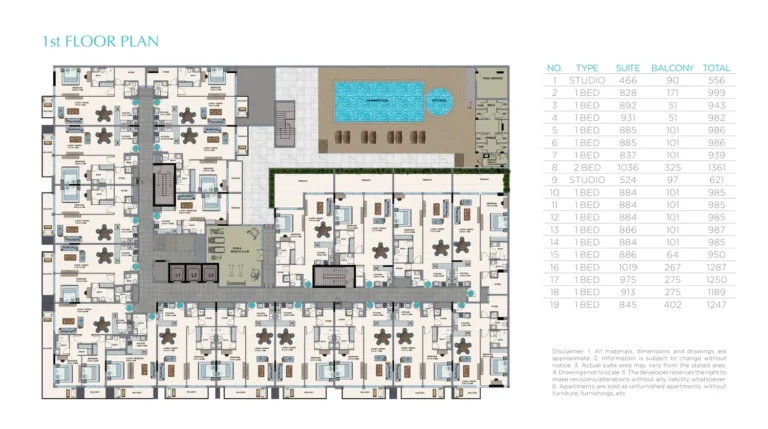 La Riviera Azure floor plan 1-спальн. · 895 sqft