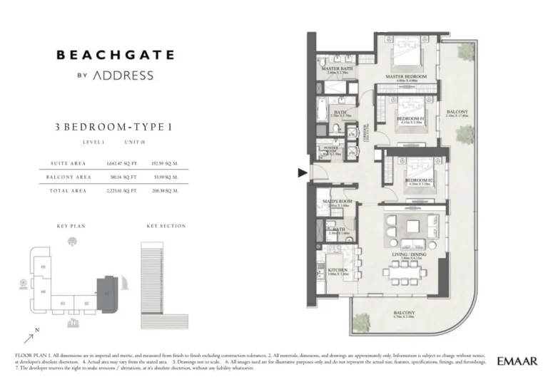 Beachgate By Address floor plan 3-спальн. · 2223 sqft