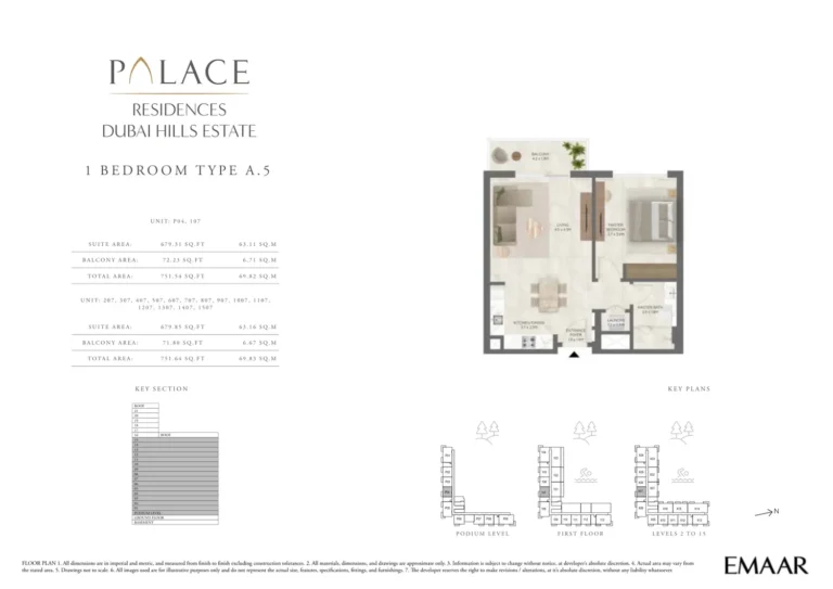 Palace Residences Dubai Hills Estate floor plan 1 BR · 751 sqft