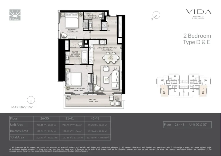 Vida Residences Dubai Marina floor plan 2-спальн. · 1101 кв. фут