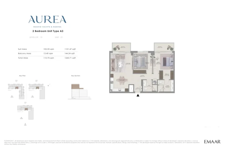 Aurea floor plan 2-спальн. · 1245 sqft