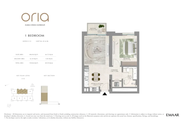 Oria floor plan 1-спальн. · 749 sqft