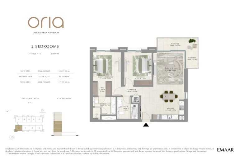 Oria floor plan 2-спальн. · 1308 sqft