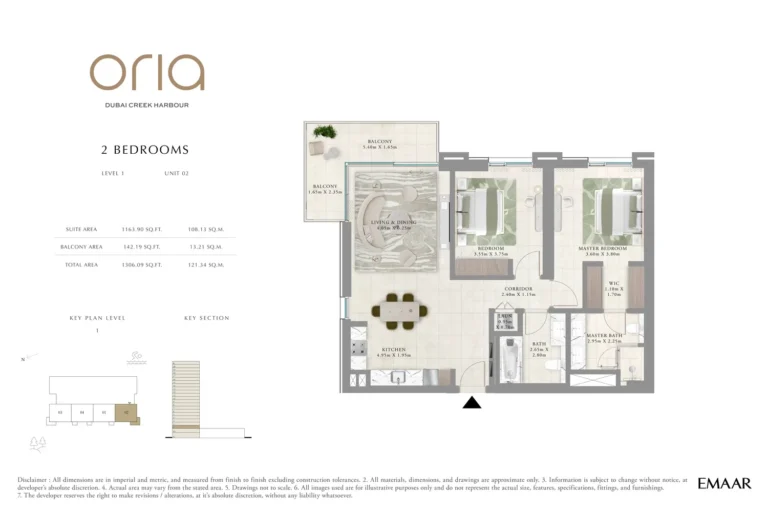 Oria floor plan 2-спальн. · 1306 sqft