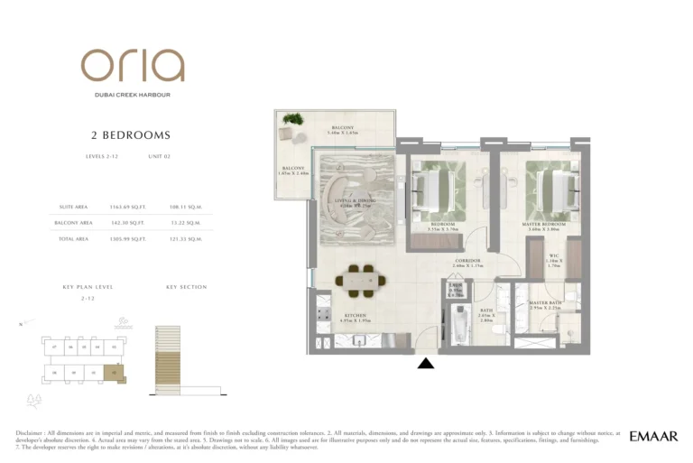 Oria floor plan 2-спальн. · 1305 sqft