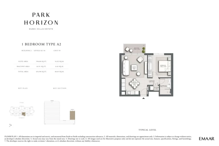 PARK HORIZON V2 floor plan 1-спальн. · 654 кв. фут