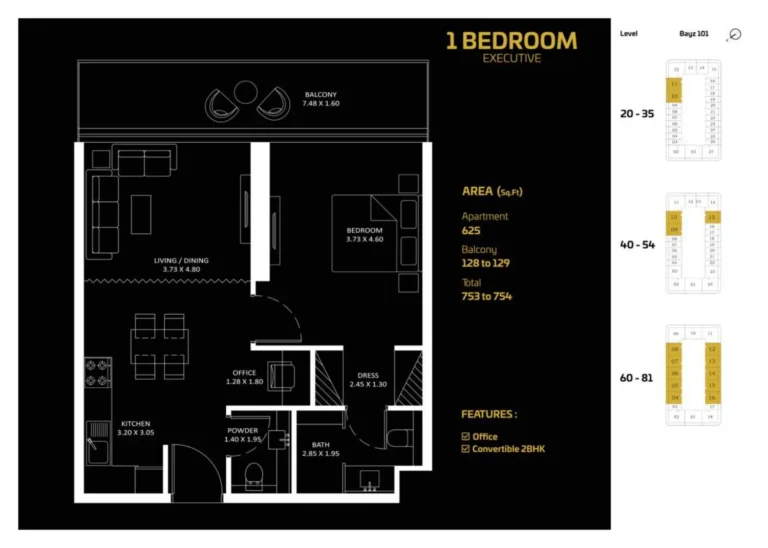 Bayz 101 By Danube floor plan 1-спальн. · 753 sqft