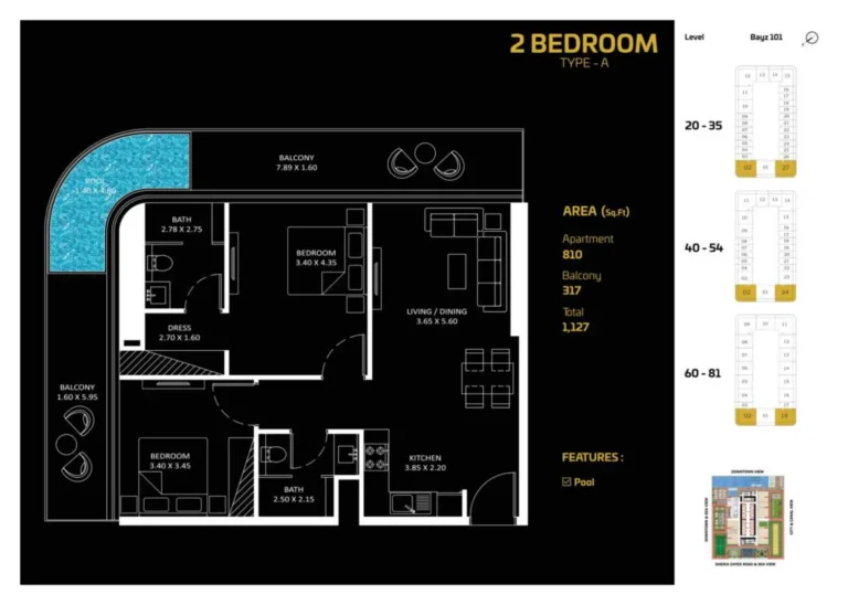 Bayz 101 By Danube floor plan 2-спальн. · 1127 sqft