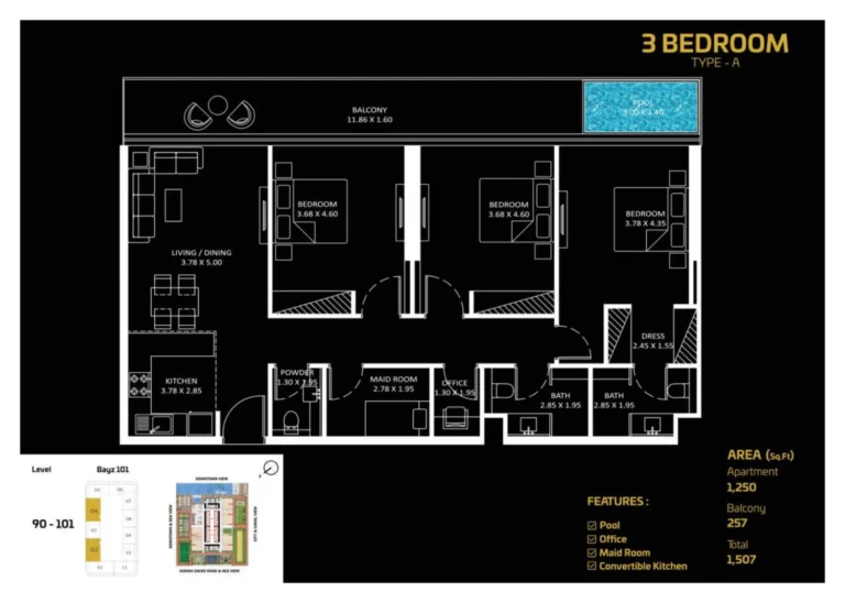 Bayz 101 By Danube floor plan 3-спальн. · 1507 sqft