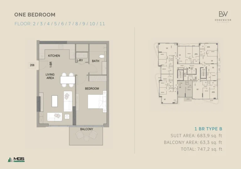 Edgewater Residences 2 floor plan 1-спальн. · 747 sqft