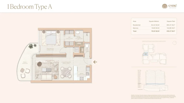 Esme’ Beach Residences floor plan 1 BR · 818 sqft