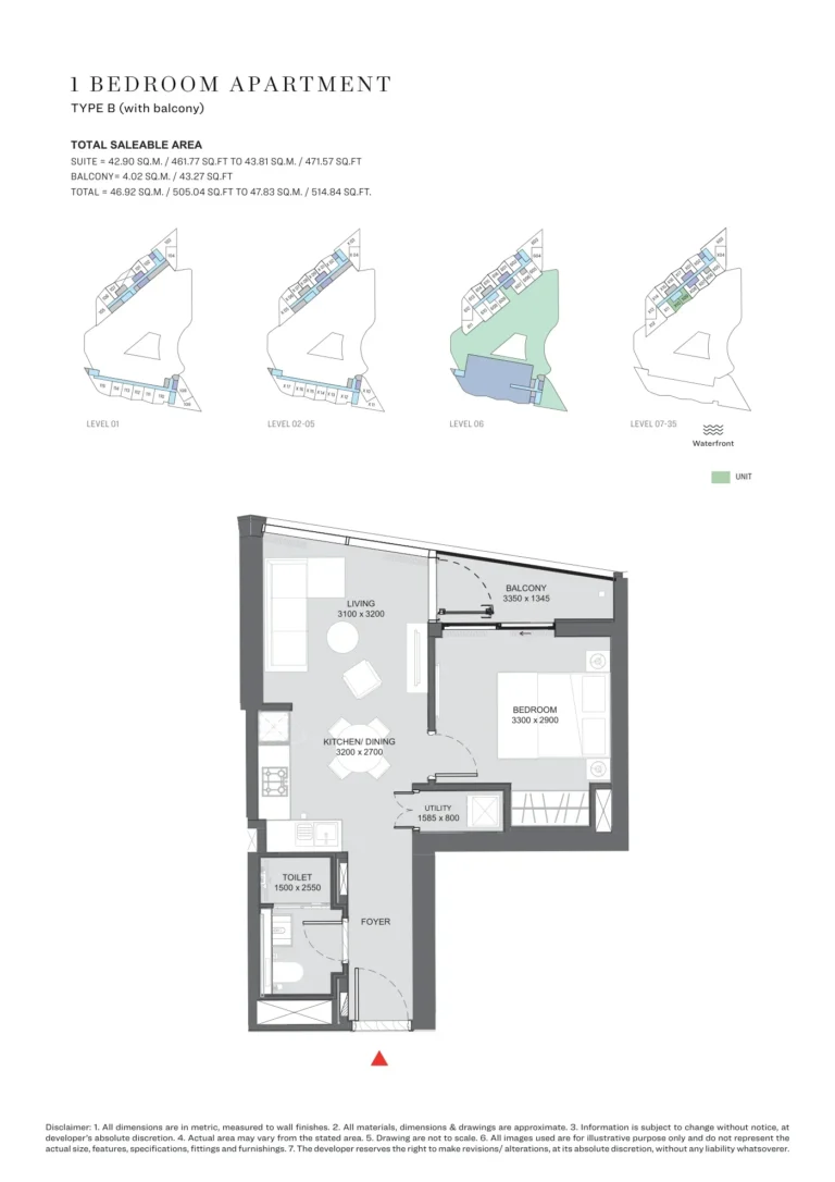 Sobha Hartland Waves Opulence floor plan 1-спальн. · 505 кв. фут