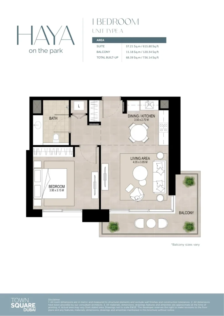 Haya On The Park floor plan 1 BR · 736 sqft