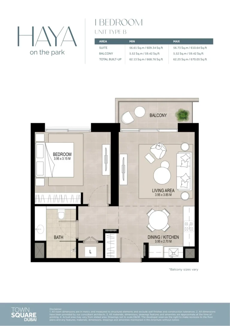 Haya On The Park floor plan 1 BR · 670 sqft