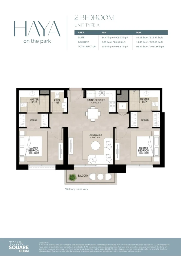 Haya On The Park floor plan 2 BR · 1037 sqft