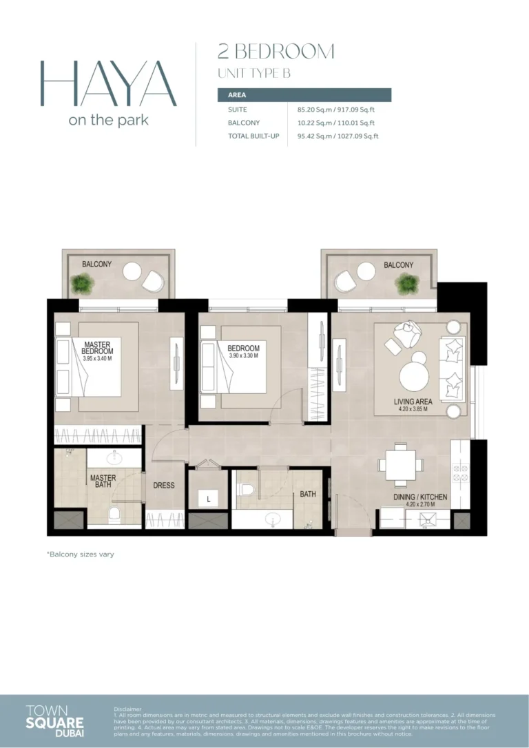 Haya On The Park floor plan 2 BR · 1027 sqft