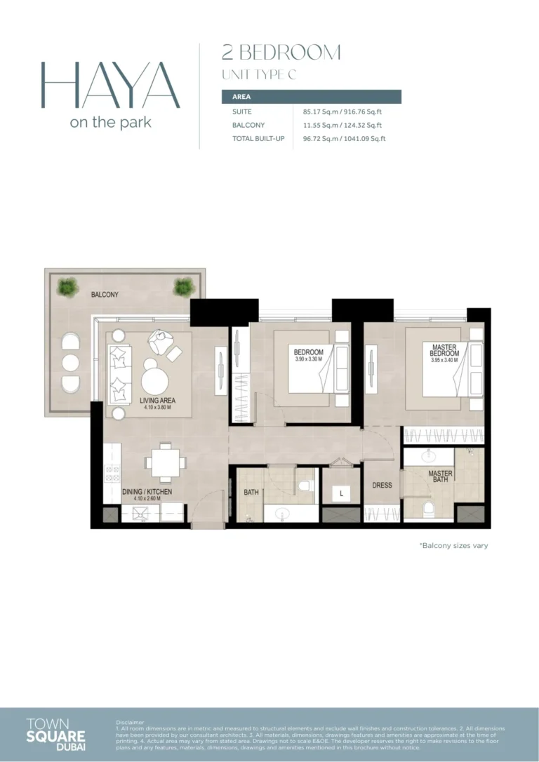 Haya On The Park floor plan 2 BR · 1041 sqft